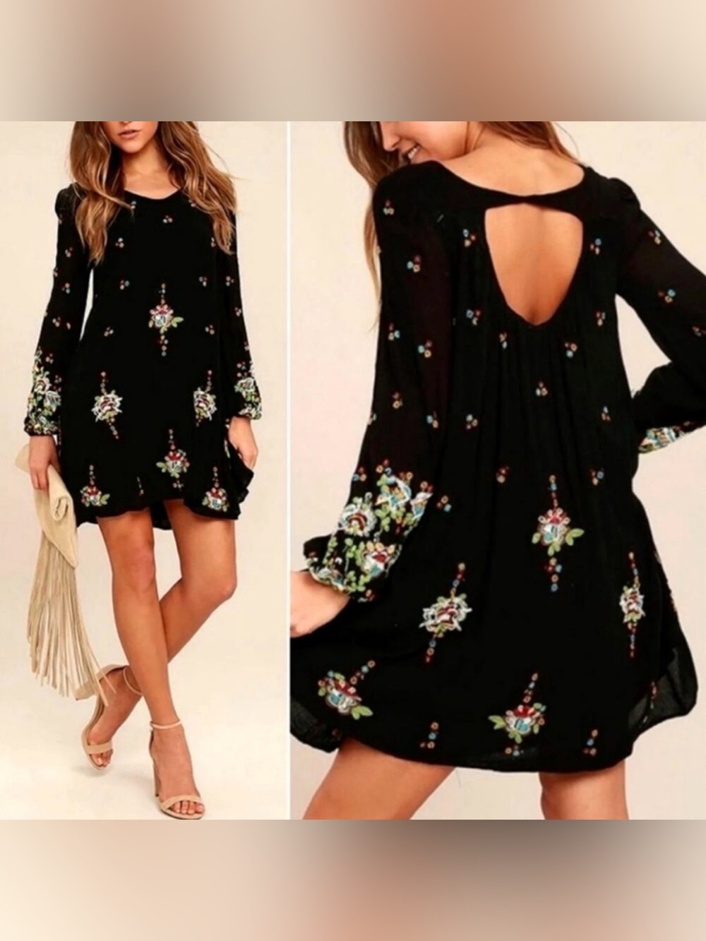 NWOT Free People Black Embroidered V-Neck Women’s Dress